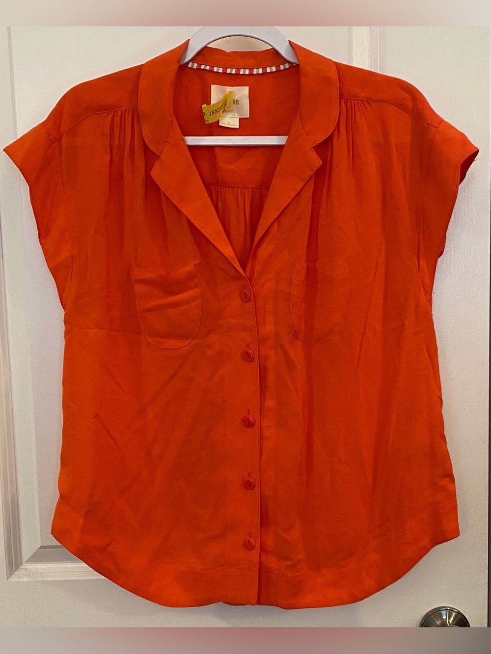 Maeve For Anthropologie Short Sleeve Button Down Blouse Sz S Red Notched Collar